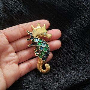 Vintage Enamel Gold Tone Seahorse Brooch
